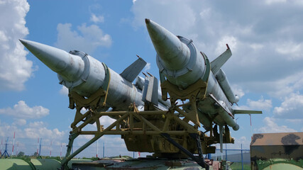 Military missiles at the exhibition in open-air museum. History and military concept