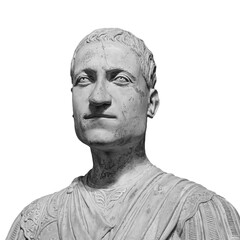 Head detail of the ancient man sculpture. Stone face isolated on white background. Antique marble statue of mythical character