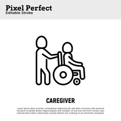 Caregiver with elderly person in wheelchair. Thin line icon. Assisted living in nurse house. Geriatric medicine. Pixel perfect, editable stroke. Vector illustration.