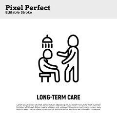Caregiver with elderly person helps to take shower. Thin line icon. Assisted living in nurse house. Geriatric medicine. Pixel perfect, editable stroke. Vector illustration.
