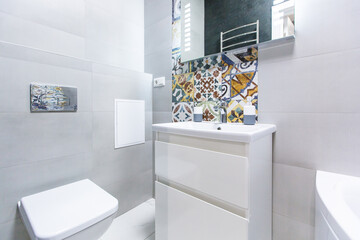interior photo, bathroom, small with bath and toilet, in white