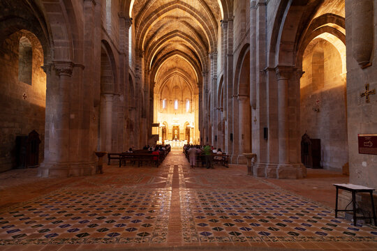 Central nave of the Romanesque Gothic style church of the Royal Monastery of Santa Maria de Veruela, in the region of Tarazona y el Moncayo, Aragon, Spain.