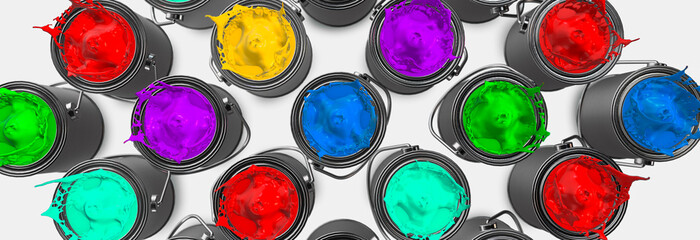 Multiple coloured paint tins 3d render