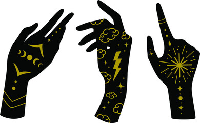 Vector woman hands on the white isolated background. Celestial moon sun stars elements.