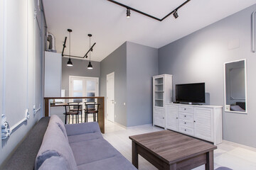 interior photography, kitchen studio in modern loft style in bright colors with furniture