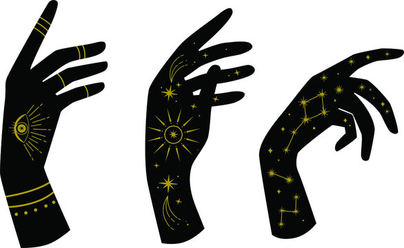 Vector Woman Hands On The White Isolated Background. Celestial Moon Sun Stars Elements.