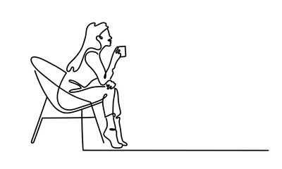 Continuous line drawing of young woman sitting in arm chair with cup of coffee or tea. Vector illustration. 