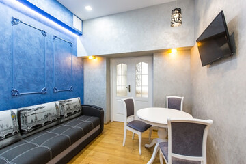 interior photography, kitchen studio in modern loft style in bright colors with furniture