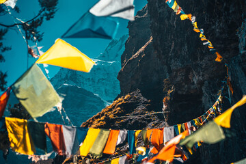 Buddhist gompa and prayer flags in the Himalaya mountains, Nepal