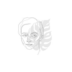 Woman Face with monstera leaf. Vector One Line Black Continuous drawing. Minimalist black linear sketch isolated on white background. Contour simple art for logo, banner, blog, home decor such as