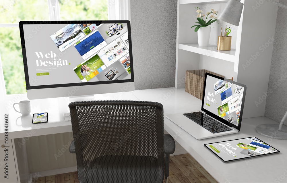 Poster responsive devices on desktop 3d rendering mock up