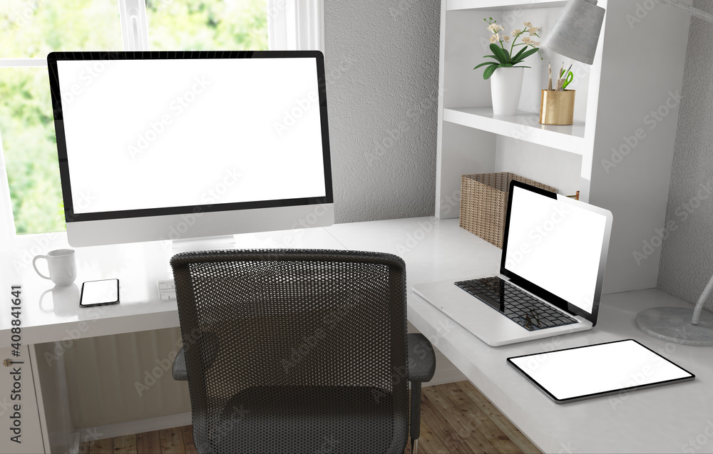 Poster responsive devices on desktop 3d rendering mock up