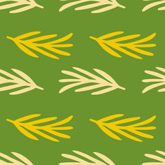 Abstract nature seamless pattern with beige and yellow doodle leaf branches. Green background.