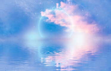 Abstract futuristic fantasy sea landscape with neon circle with center. Island with palm trees on the beach. Sunlight, daytime view. Reflection in water, clouds. 3D illustration.  © MiaStendal