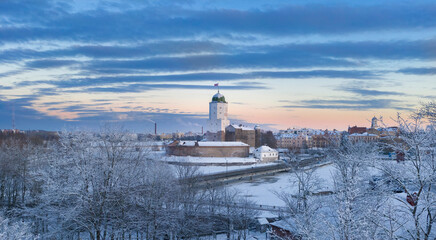 Castle in the city of Vyborg in winter,  top view