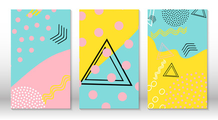 Set of doodle fun patterns. Hipster style 80s-90s. Memphis elements. Fluid pink, blue, yellow colors.