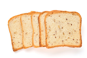 Several slices toast bread with pumpkin, poppy, flax, sunflower, sesame and millet seeds isolated on white background for proper nutrition. Top view, flat lay