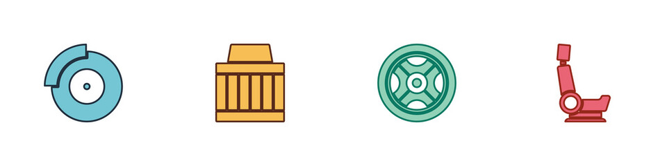 Set Car brake disk with caliper, air filter, wheel and seat icon. Vector.