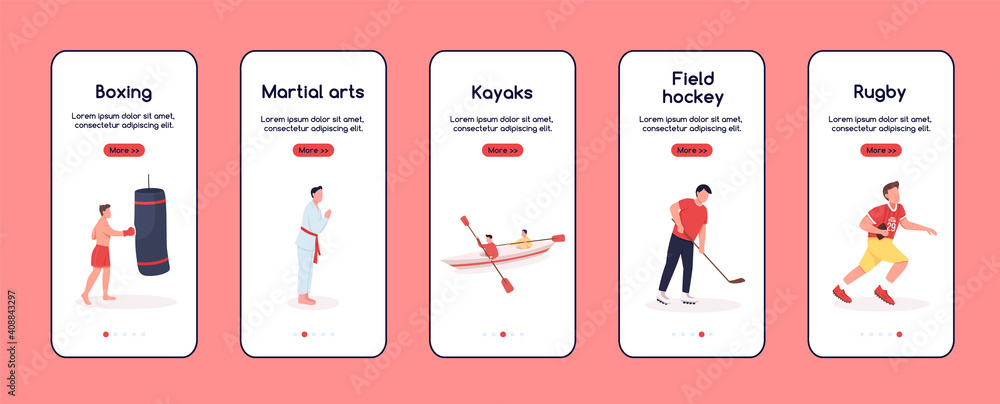 Poster characters in sport onboarding mobile app screen flat vector template. favourite hobbies. walkthroug