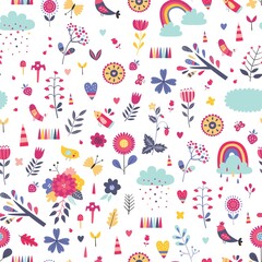 Childish seamless vector pattern with cute flowers in cartoon style. Creative vector childish background for fabric, textile.