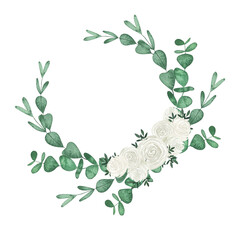 Watercolor floral wreath with green eucalyptus leaves and white rose flowers. Hand drawn summer botanical illustration perfect for wedding invitations, cards.