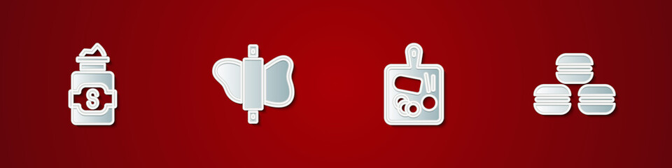 Set Jar of sugar, Rolling pin on dough, Cutting board and Macaron cookie icon. Vector.