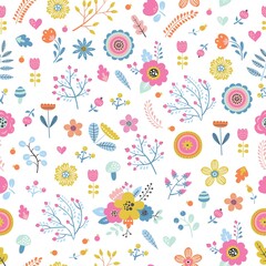 Childish seamless vector pattern with cute flowers in cartoon style. Creative vector childish background for fabric, textile.