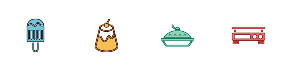 Set Ice cream, Pudding custard, Homemade pie and Electronic scales icon. Vector.