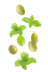 Isolated vegetables. Mixed basil and green olives falling down isolate on white with clipping path as package design element. Full depth of field. Food levitation concept.