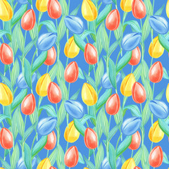 Watercolor spring seamless pattern with yellow,red,blue tulips.Flowers on a blue background.Watercolour illustration.Print for gift wrapping,fabric, paper,cards and website design.