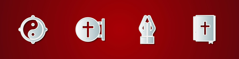 Obraz premium Set Yin Yang, Christian cross, Hands praying position and Holy bible book icon. Vector.