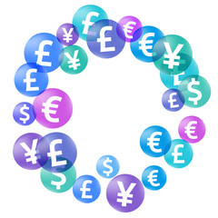 Euro dollar pound yen circle symbols flying currency vector background. Financial concept. Currency