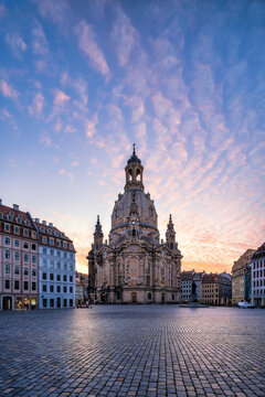 Dresden Frauenkirche (Church of Our Lady) at the Neumarkt square at sunrise, Saxony, Germany