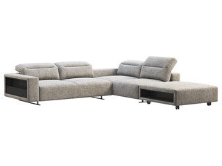 Modern light gray fabric corner sofa with adjustable backrest and storage. 3d render