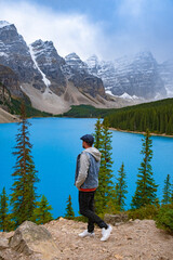 The beautiful Lake moraine at sunset, Beautiful turquoise waters of the Moraine lake with...
