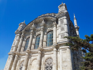 Büyük Mecidiye Mosque or Ortaköy Mosque, built in Neo Baroque style, located on the beach in...