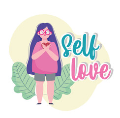 girl with long hair and heart cartoon character self love