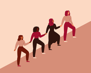 Women can do it. Four female characters walk up together and hold arms. Girls support each other. Friendship poster, the union of feminists and sisterhood. Vector illustration - 408848004