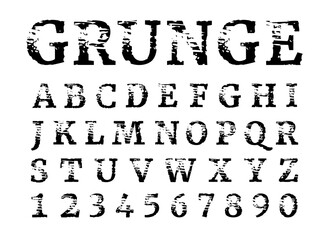 Shabby black letters and numbers Isolated on white background. Grunge font. Textured alphabet.