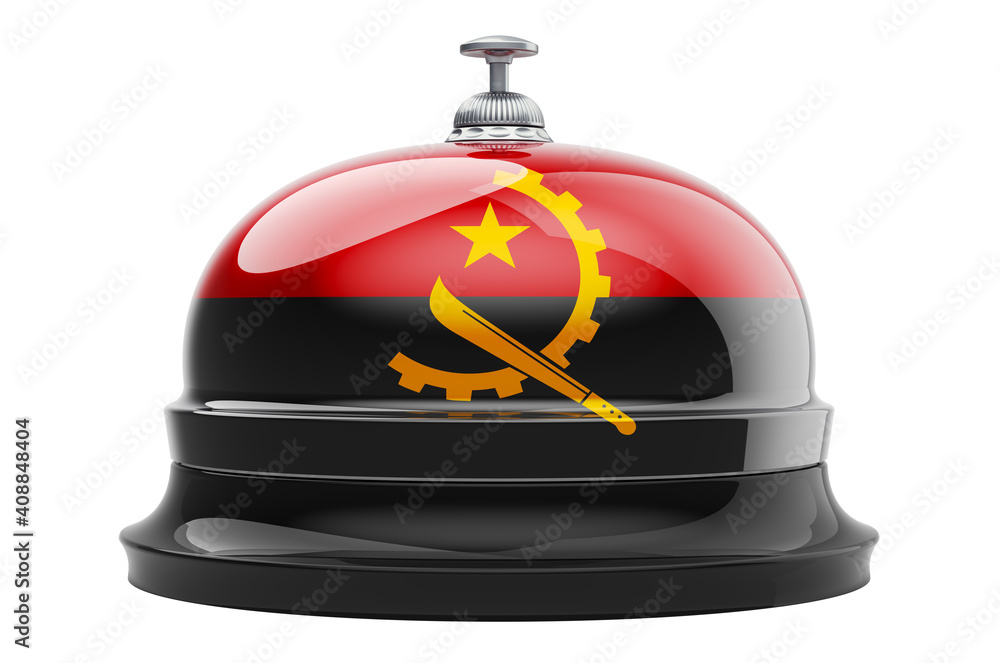Poster reception bell with angolan flag, 3d rendering