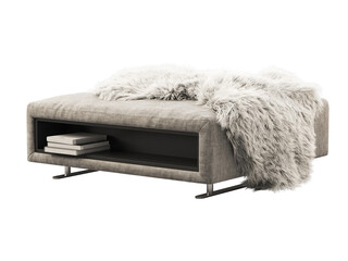 Light gray fabric ottoman with storage and fur plaid. 3d render