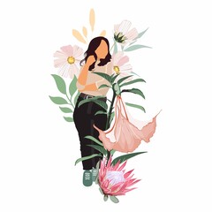 Summer spring cute elements. Woman in tropical leaves, flowers etc. Illustration for postcard, poster, sticker, packiging, fabric etc.