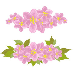 A set of two wreaths with pink flowers. With leaves and no leaves. Flowers of plum, peach, cherry blossoms