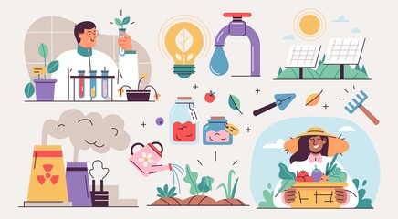 Collection of ecology illustrations. Eco friendly people set protecting the environment, sorting and collecting waste, using alternative energy and ecological transport. Vector
