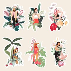 Fototapeta na wymiar Set of summer spring cute elements. Woman on swimsuit with sunglasses, tropical leaves, ice cream, palm tree, donut etc. Illustration for postcard, poster, sticker, packiging, fabric etc .