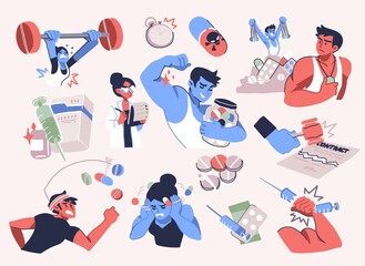Different scenes with athletes using doping. concept of Usage doping in sport, doping tests and performance-enhancing. Vector Illustration - obrazy, fototapety, plakaty