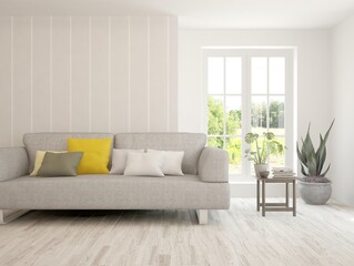 White living room with sofa and summer landscape in window. Scandinavian interior design. 3D illustration