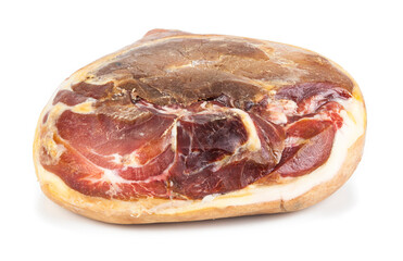 Traditional Italian Prosciutto Crudo ham isolated on a white background. See the portfolio from a different angle.