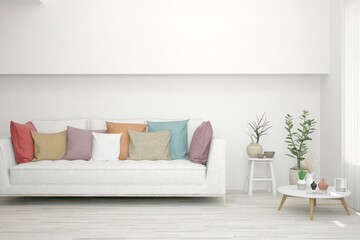 White living room with sofa. Scandinavian interior design. 3D illustration