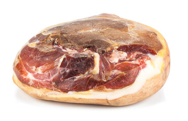 Traditional Italian Prosciutto Crudo ham isolated on a white background. See the portfolio from a different angle.